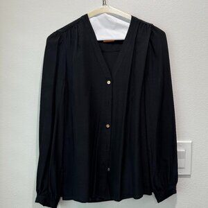 Tory Burch Black 100% Silk V-Neck Button Up Top with Gold Buttons (Size 6)